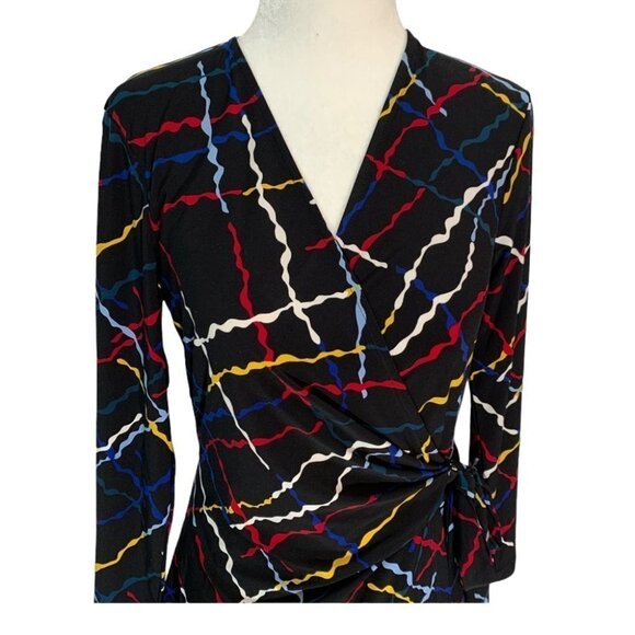 anne Klein🖤Cross Over V- Neck Top Black Geometric Design Size S - Picture 4 of 7